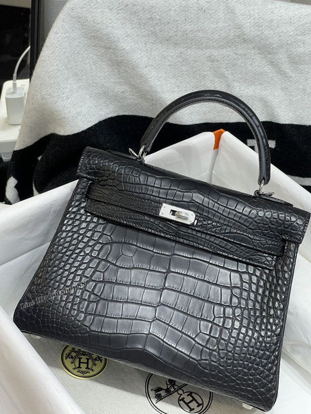 Hermes專櫃經典款Kelly手提女包 愛馬仕蠟線全手縫alligator美洲鱷黑色皮包 zhh1254